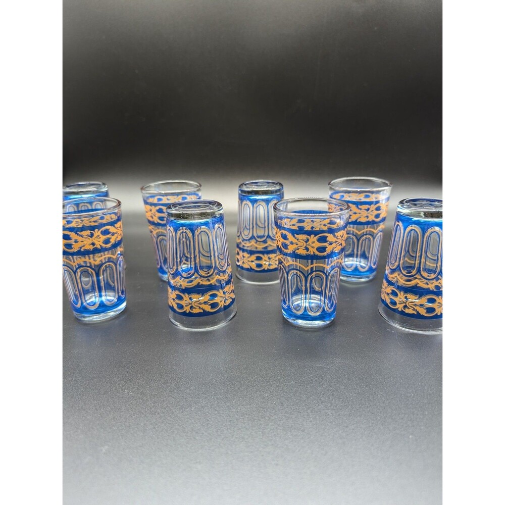MCM Vintage Moroccan Bohemian Cobalt & Gold Gilt Tea Glasses Set of 8 Fath